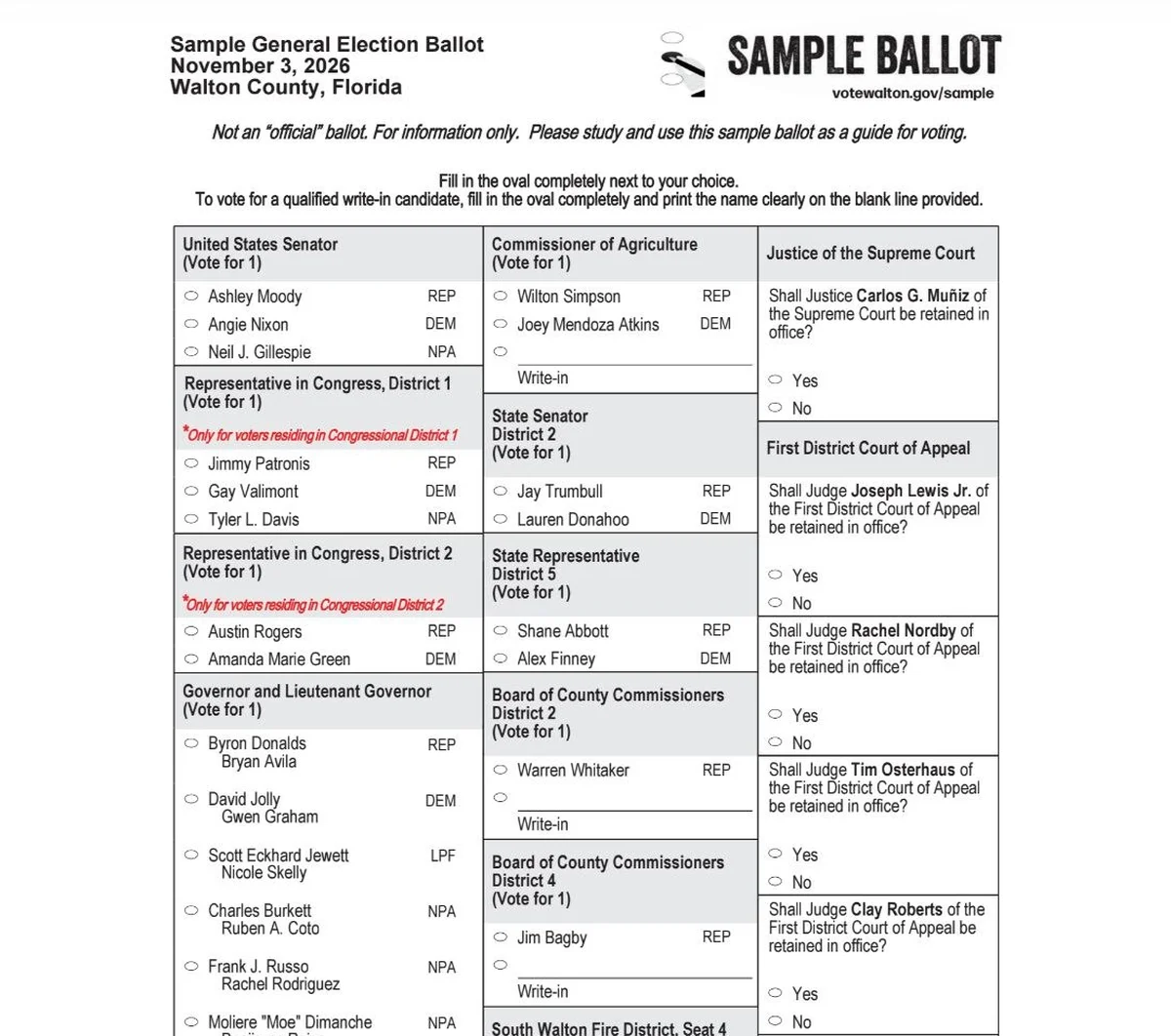 Walton County Releases Sample Ballots for November Election: What Freeport Voters Will See